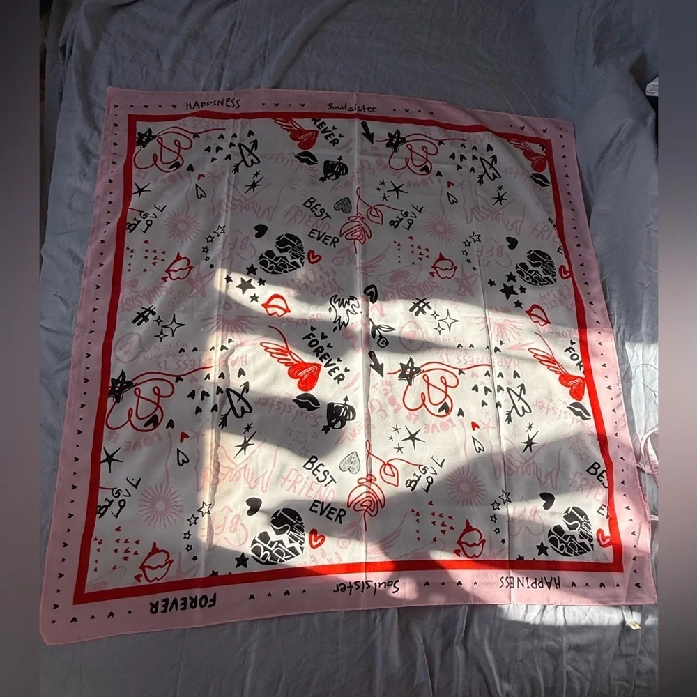 Graphic Heart & Star Square Scarf - Pink, Red, Black
